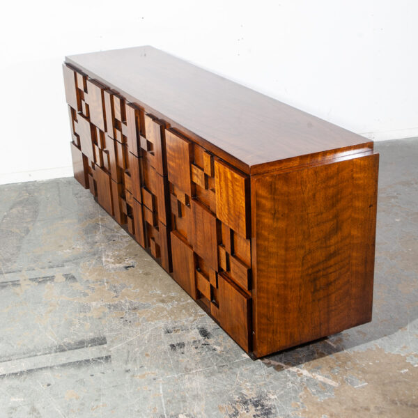 Mid Century Modern Credenza Dresser Lane Mosaic Pueblo Brutalist 9 Drawer Wood Large Abstract Made in USA Drexel Danish Vintage - Image 3
