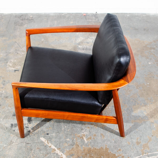 Mid Century Danish Modern Lounge Chair Folke Ohlsson Dux Sweden Black Faux Leather Solid Walnut Wood Round Back Restored - Image 4