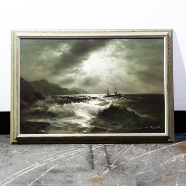 Mid Century Oil Painting Original Seascape Eugene Garin 1950 Transparent Wave Storm Night Argentina Signed