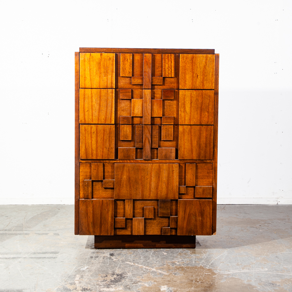Mid Century Modern Dresser Highboy Lane Mosaic Pueblo Brutalist 5 Drawer Wood - Image 4