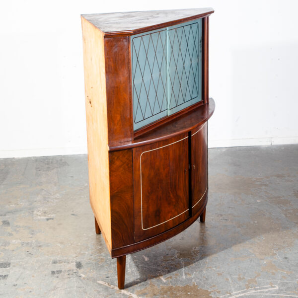 Mid Century Danish Corner Cabinet Bar Liquor Teak Glass Round Front Locking Denmark Sliding Doors  2 Tier Storage - Image 6