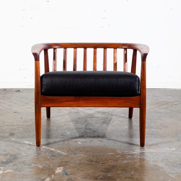 Mid Century Danish Modern Lounge Chair Folke Ohlsson Dux Sweden Black Faux Leather Solid Walnut Wood Round Back Restored - Image 10