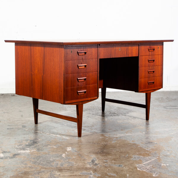 Mid Century Danish Modern Desk Executive Solid Teak Floating 9 Drawer Bookshelf Office Restored Locking