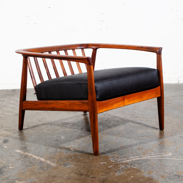 Mid Century Danish Modern Lounge Chair Folke Ohlsson Dux Sweden Black Faux Leather Solid Walnut Wood Round Back Restored