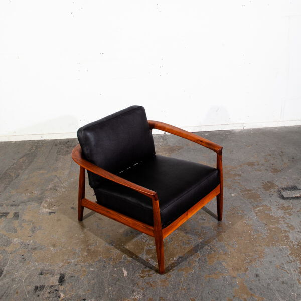 Mid Century Danish Modern Lounge Chair Folke Ohlsson Dux Sweden Black Faux Leather Solid Walnut Wood Round Back Restored - Image 9