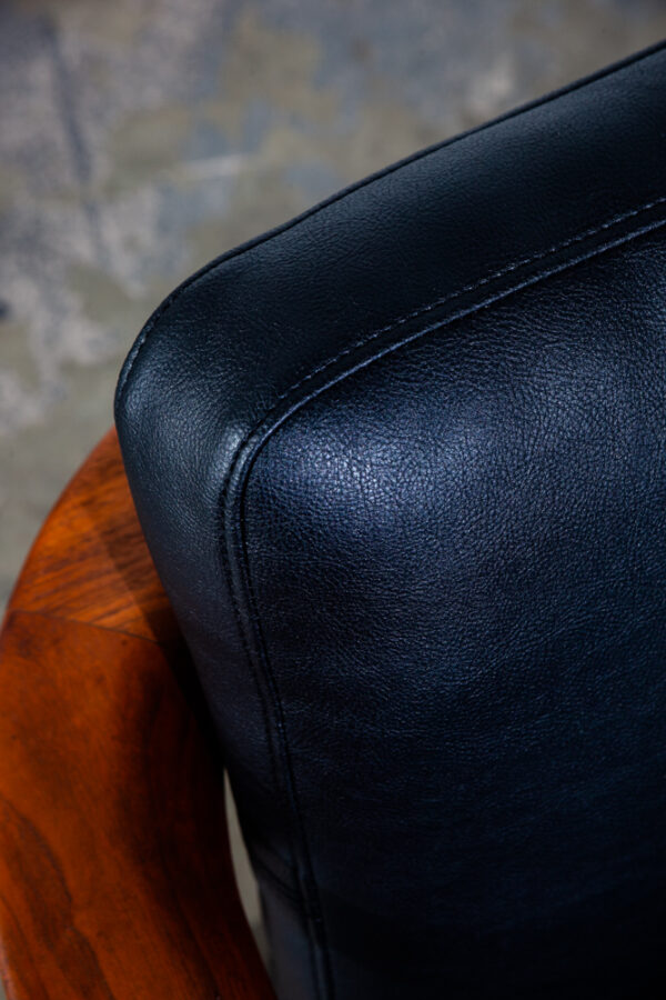 Mid Century Danish Modern Lounge Chair Folke Ohlsson Dux Sweden Black Faux Leather Solid Walnut Wood Round Back Restored - Image 11