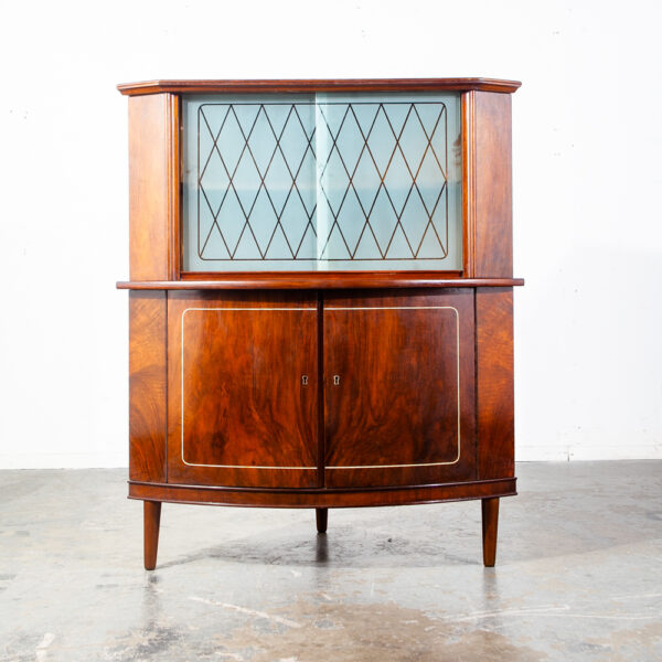 Mid Century Danish Corner Cabinet Bar Liquor Teak Glass Round Front Locking Denmark Sliding Doors  2 Tier Storage