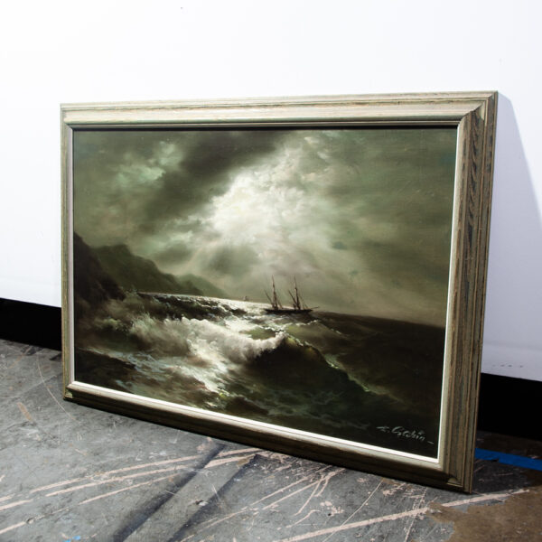 Mid Century Oil Painting Original Seascape Eugene Garin 1950 Transparent Wave Storm Night Argentina Signed - Image 2