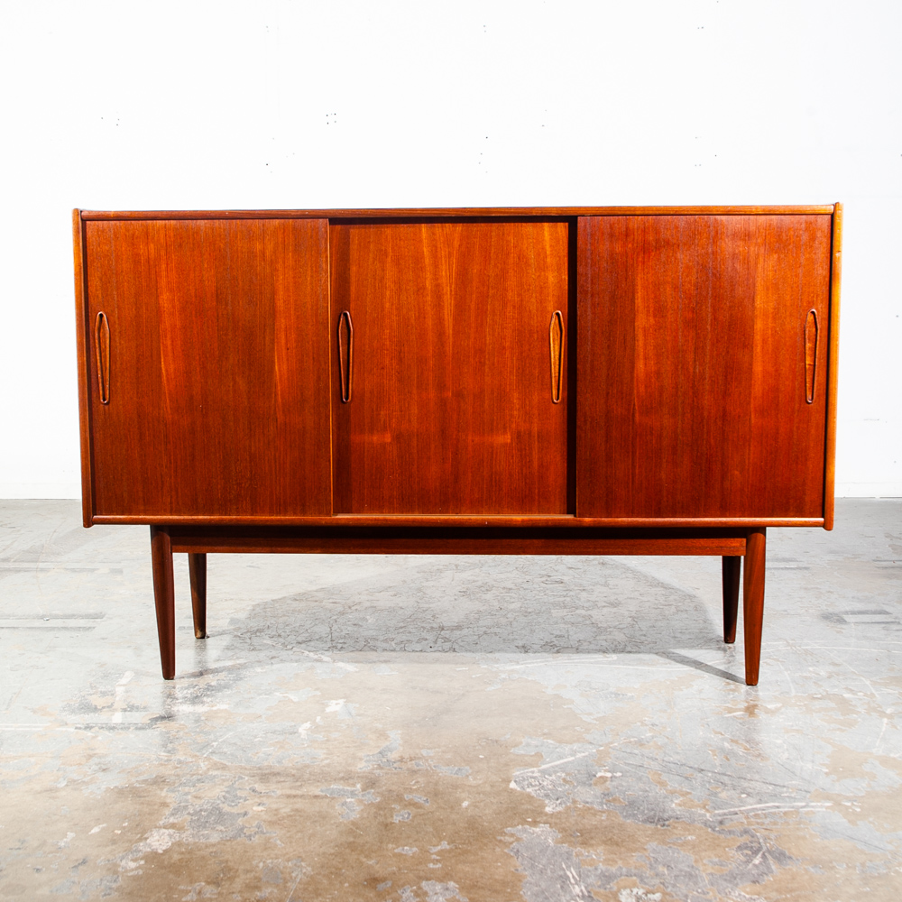 Mid Century Danish Modern Credenza Sideboard Teak Sliding Doors Denmark Vintage Storage Teak Drawers