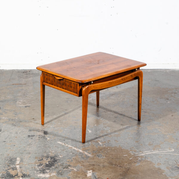 Mid Century Modern Side Table End Nightstand Lane Drawer Basket Weave Rhythm NM Vintage Danish Denmark Mcm Walnut Wood Pecan End Table