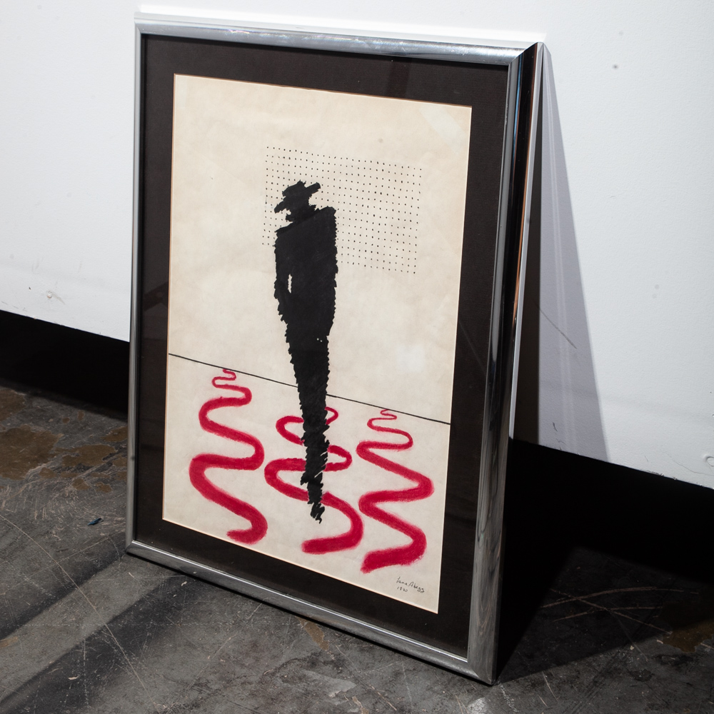 Mid Century Modern Abstract Original Art Black Red Abstract Pen Pop Signed Shadow