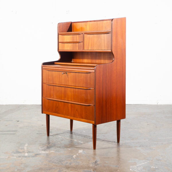 Mid Century Danish Modern Secretary Desk Teak Mirror Desk Denmark Drawers Shelf Vintage - Image 4