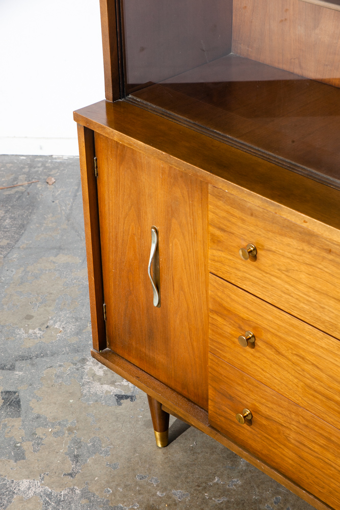 Mid Century Modern China Cabinet Stanley Hutch Storage Glass Doors Drawer Walnut Wood - Image 11