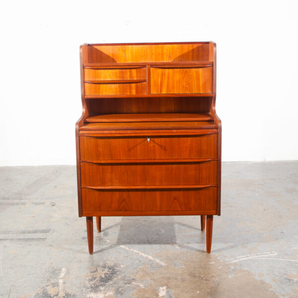 Mid Century Danish Modern Secretary Desk Teak Mirror Desk Denmark Drawers Shelf Vintage - Image 2
