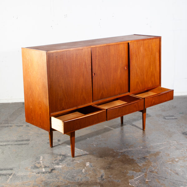 Mid Century Danish Modern Credenza Highboard Teak Wood Drawers E.W Bach Denmark Vintage Mcm Classic Sliding Doors - Image 3