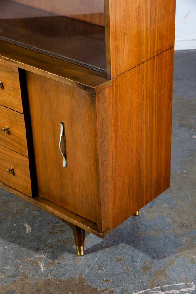 Mid Century Modern China Cabinet Stanley Hutch Storage Glass Doors Drawer Walnut Wood - Image 6