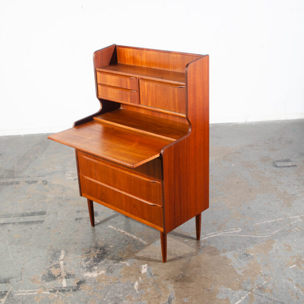 Mid Century Danish Modern Secretary Desk Teak Mirror Desk Denmark Drawers Shelf Vintage - Image 3