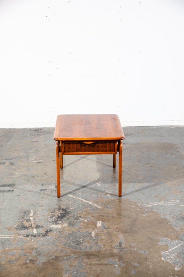 Mid Century Modern Side Table End Nightstand Lane Drawer Basket Weave Rhythm NM Vintage Danish Denmark Mcm Walnut Wood Pecan End Table - Image 9