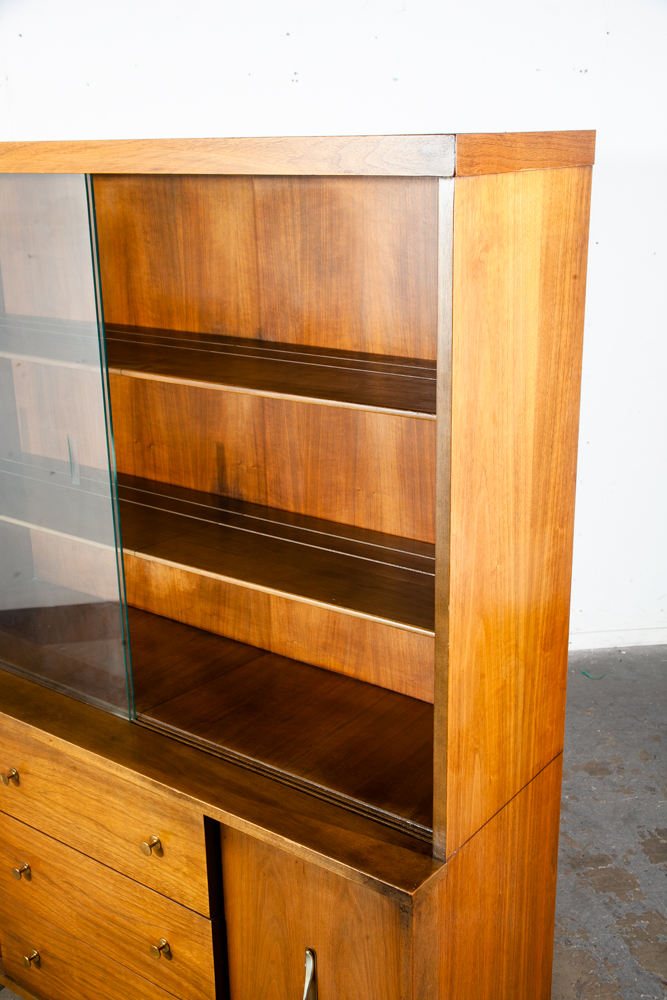 Mid Century Modern China Cabinet Stanley Hutch Storage Glass Doors Drawer Walnut Wood - Image 10