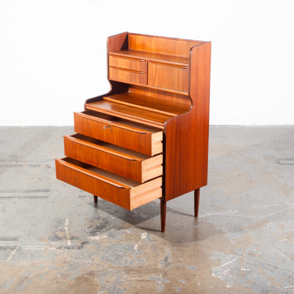 Mid Century Danish Modern Secretary Desk Teak Mirror Desk Denmark Drawers Shelf Vintage - Image 8