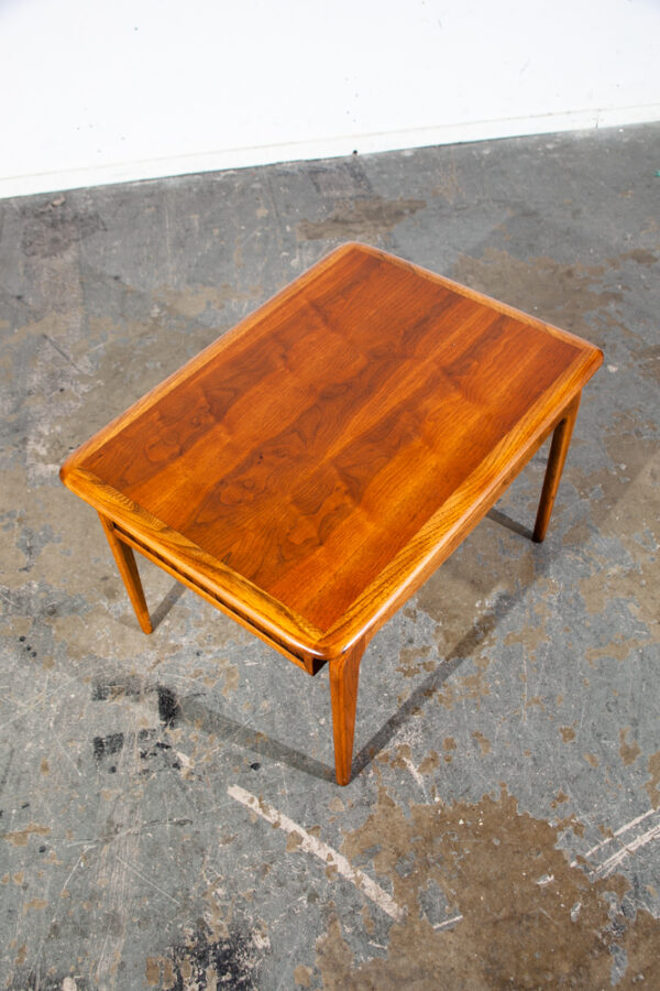 Mid Century Modern Side Table End Nightstand Lane Drawer Basket Weave Rhythm NM Vintage Danish Denmark Mcm Walnut Wood Pecan End Table - Image 6