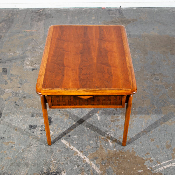 Mid Century Modern Side Table End Nightstand Lane Drawer Basket Weave Rhythm NM Vintage Danish Denmark Mcm Walnut Wood Pecan End Table - Image 3