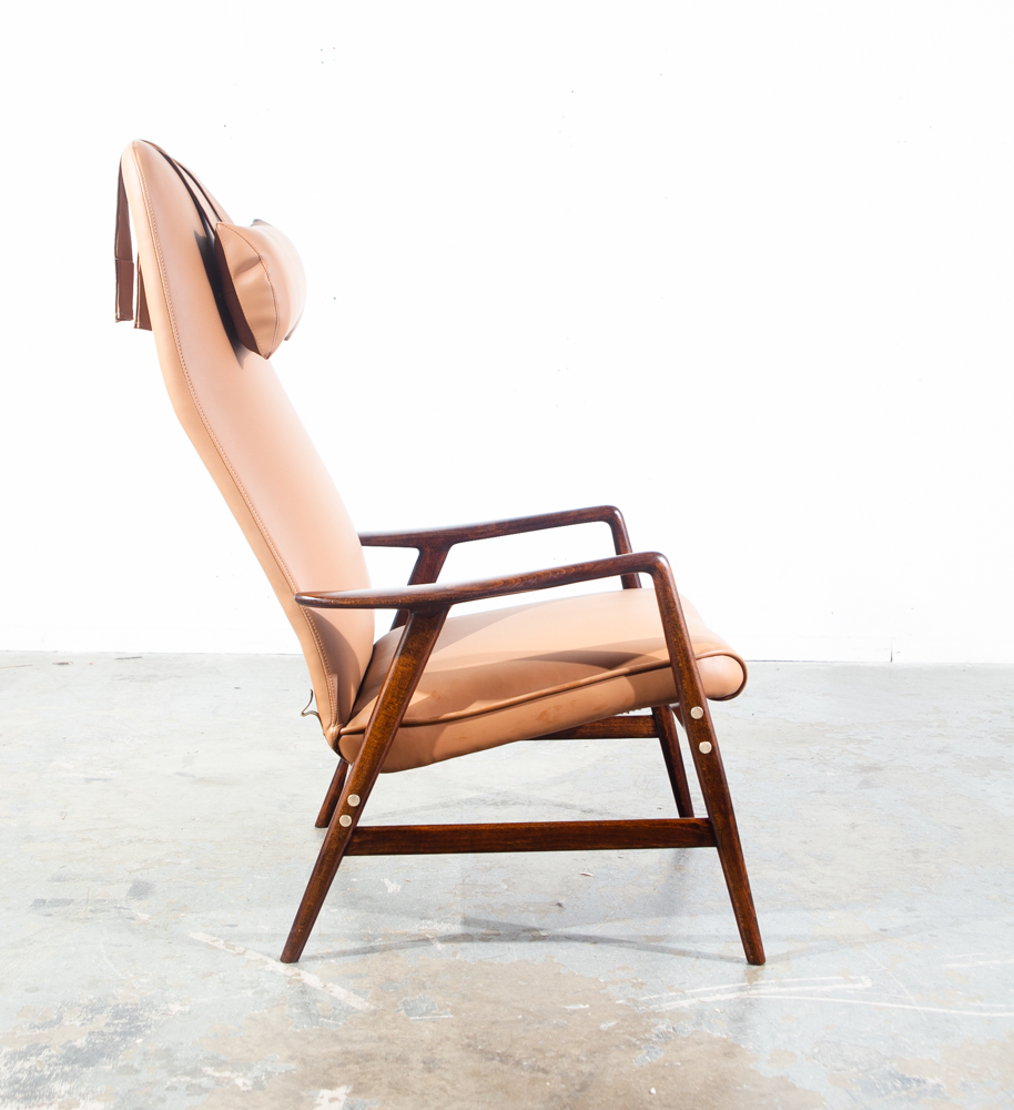 Mid Century Danish Modern Lounge Chair Alf Svensson Dux Brown Beech Arm Restored Tan Brass - Image 2