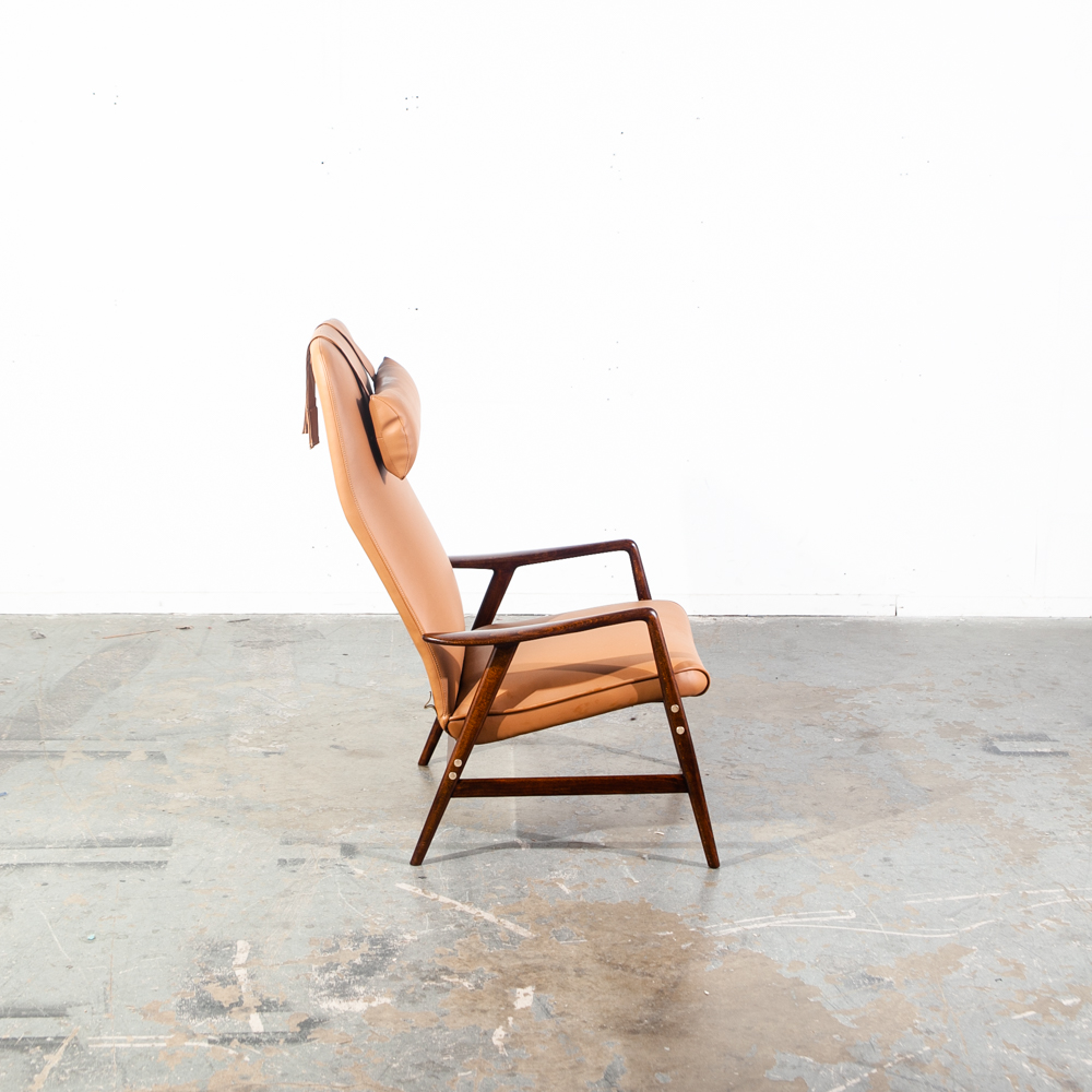 Mid Century Danish Modern Lounge Chair Alf Svensson Dux Brown Beech Arm Restored Tan Brass - Image 5