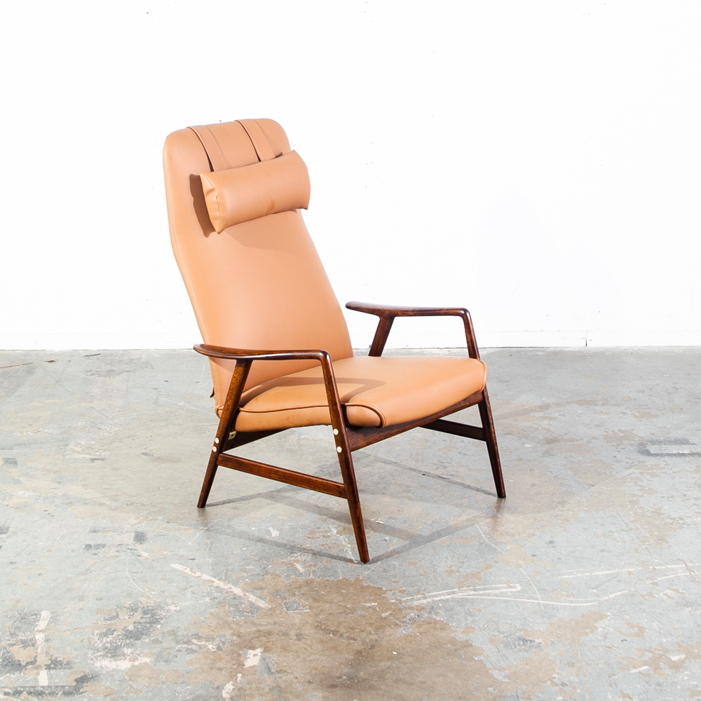 Mid Century Danish Modern Lounge Chair Alf Svensson Dux Brown Beech Arm Restored Tan Brass