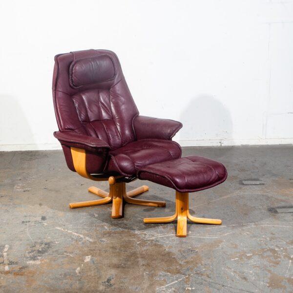 Mid Century Danish Modern Lounge Chair Leather Burgundy Ekornes Ottoman Recliner