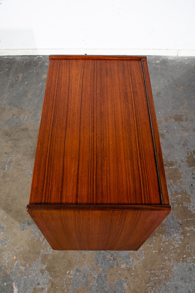 Mid Century Danish Modern Vanity Chest Dresser Teak Mirror Drawers Denmark Small Flip Top Restored - Image 9