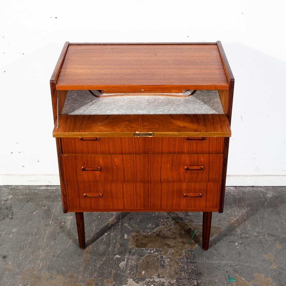 Mid Century Danish Modern Vanity Chest Dresser Teak Mirror Drawers Denmark Small Flip Top Restored - Image 3