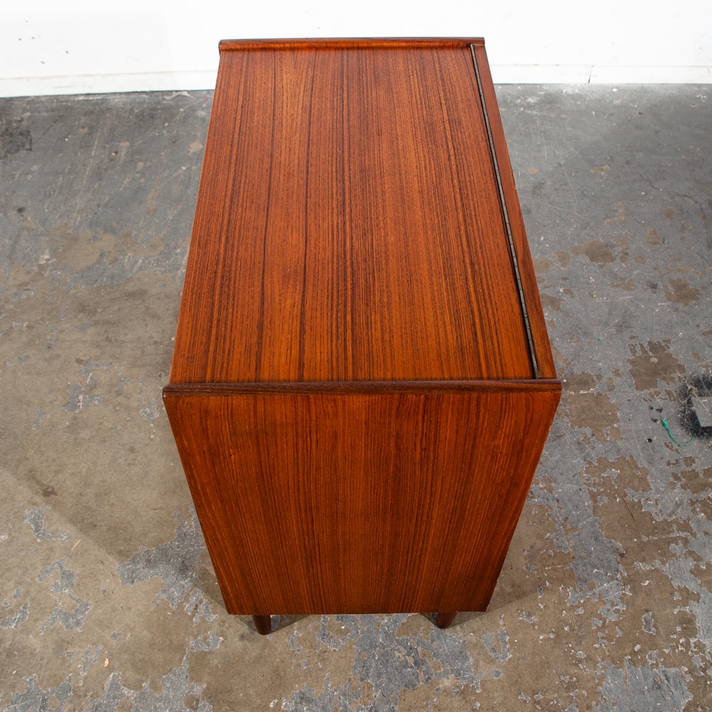 Mid Century Danish Modern Vanity Chest Dresser Teak Mirror Drawers Denmark Small Flip Top Restored - Image 6