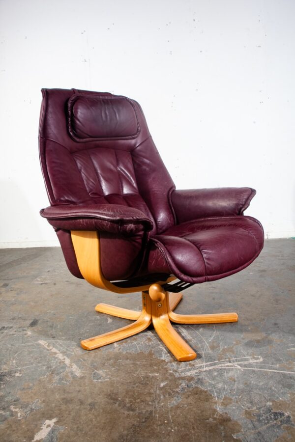 Mid Century Danish Modern Lounge Chair Leather Burgundy Ekornes Ottoman Recliner - Image 4