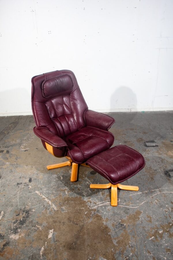 Mid Century Danish Modern Lounge Chair Leather Burgundy Ekornes Ottoman Recliner - Image 7