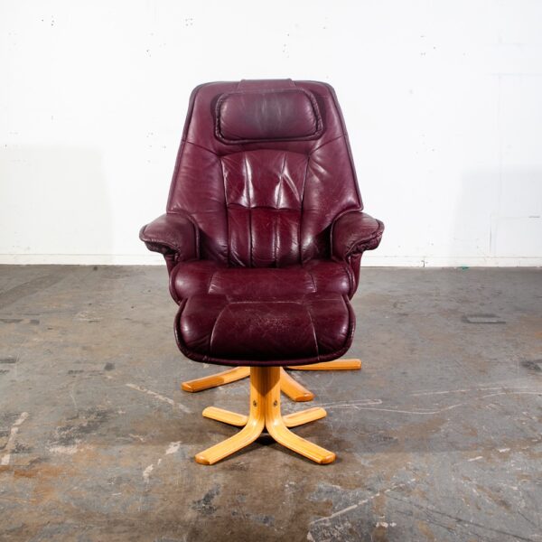 Mid Century Danish Modern Lounge Chair Leather Burgundy Ekornes Ottoman Recliner - Image 3