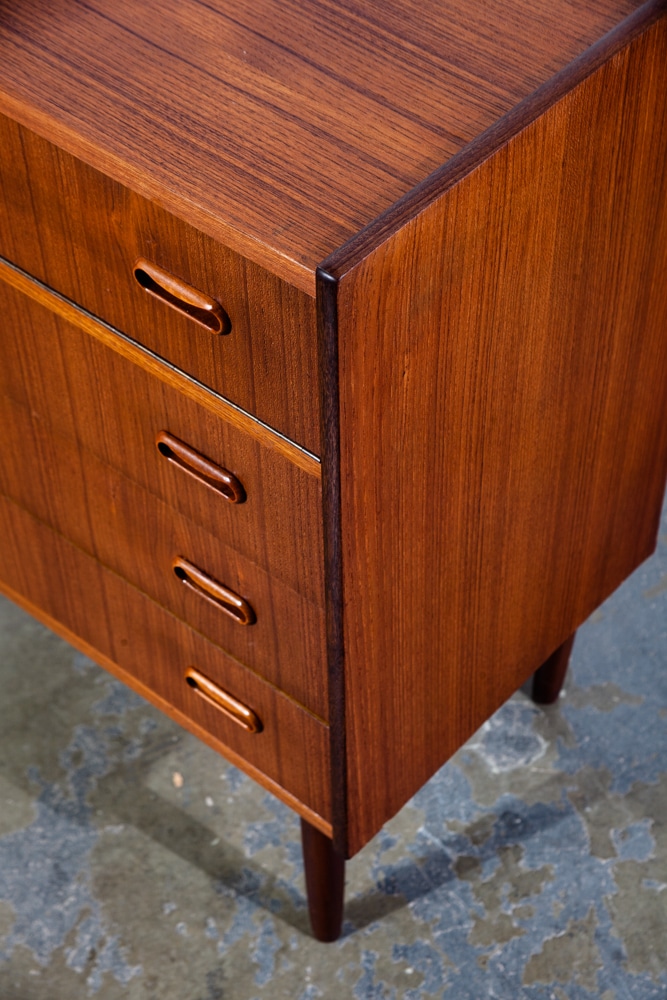 Mid Century Danish Modern Vanity Chest Dresser Teak Mirror Drawers Denmark Small Flip Top Restored - Image 10