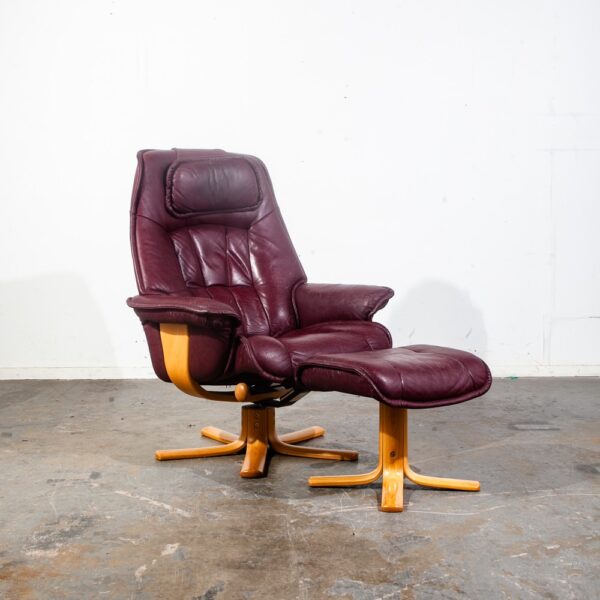Mid Century Danish Modern Lounge Chair Leather Burgundy Ekornes Ottoman Recliner - Image 2