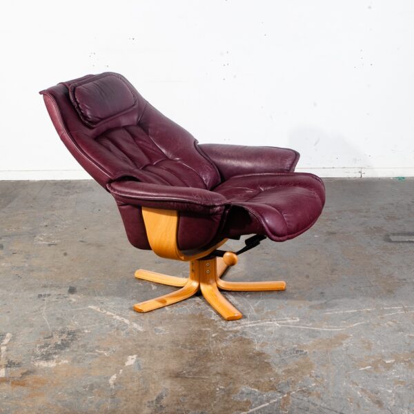 Mid Century Danish Modern Lounge Chair Leather Burgundy Ekornes Ottoman Recliner - Image 6