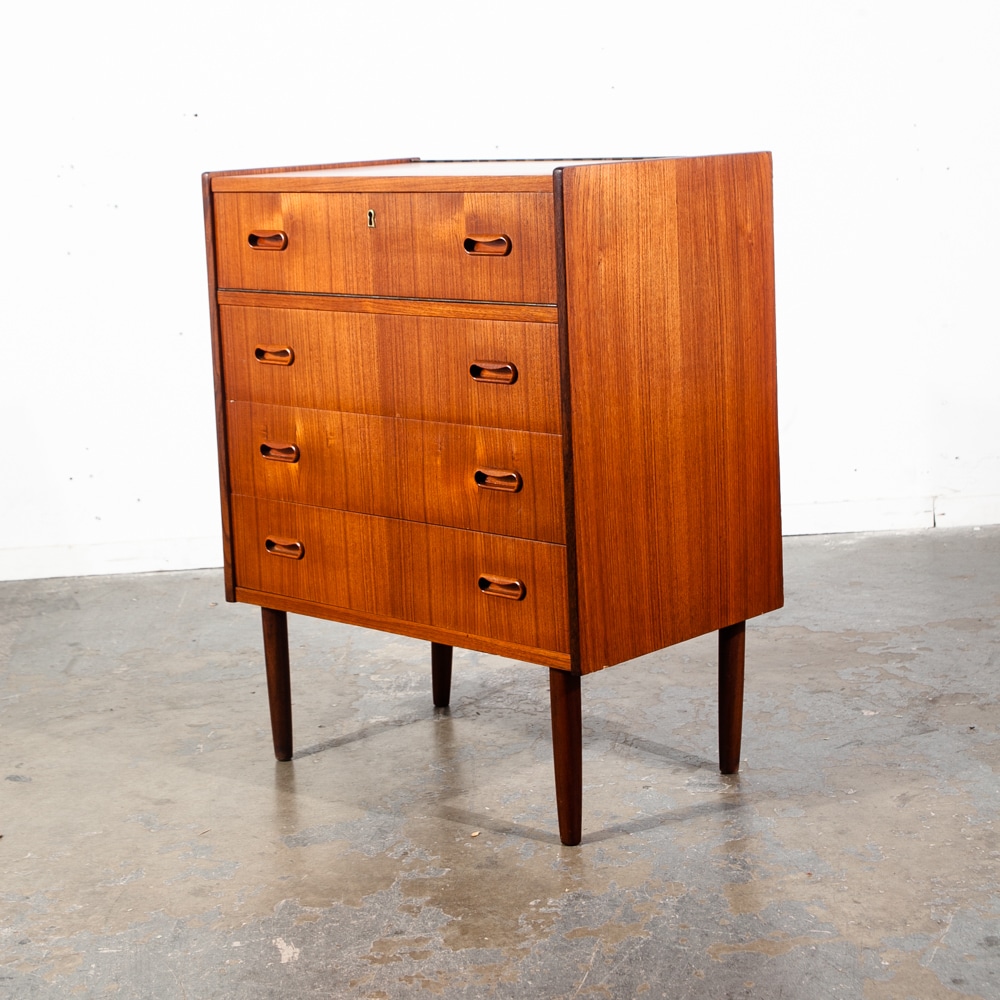 Mid Century Danish Modern Vanity Chest Dresser Teak Mirror Drawers Denmark Small Flip Top Restored - Image 5