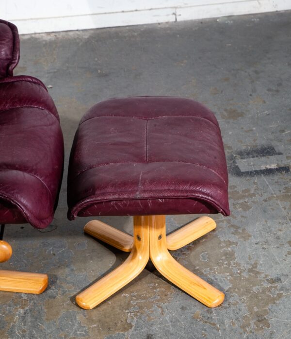 Mid Century Danish Modern Lounge Chair Leather Burgundy Ekornes Ottoman Recliner - Image 11