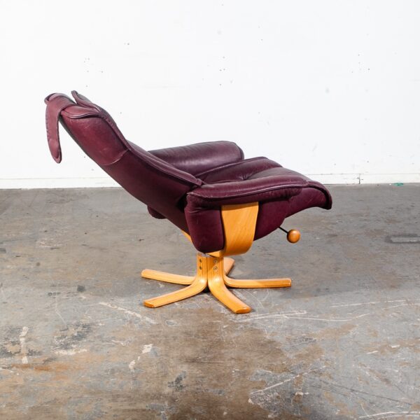 Mid Century Danish Modern Lounge Chair Leather Burgundy Ekornes Ottoman Recliner - Image 5