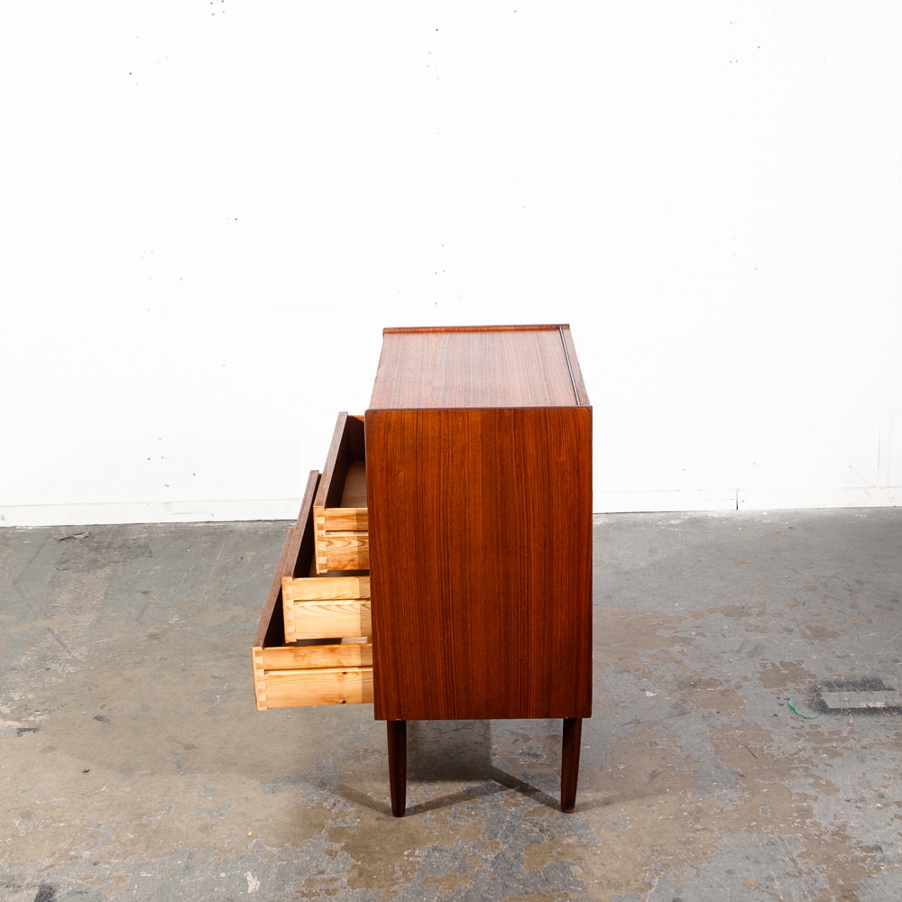 Mid Century Danish Modern Vanity Chest Dresser Teak Mirror Drawers Denmark Small Flip Top Restored - Image 7