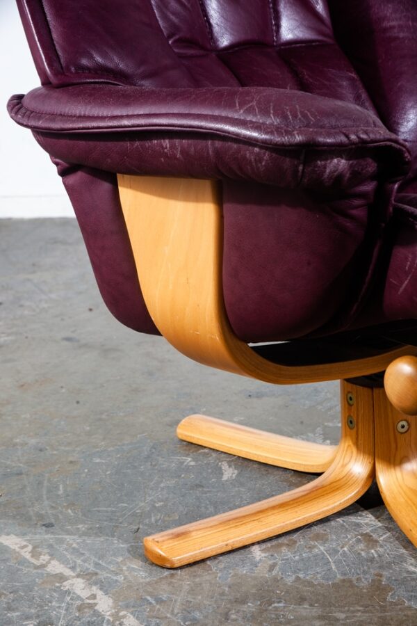 Mid Century Danish Modern Lounge Chair Leather Burgundy Ekornes Ottoman Recliner - Image 8