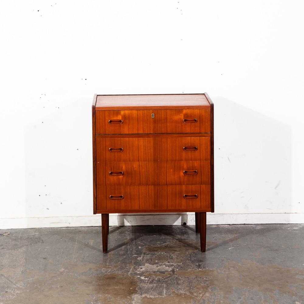 Mid Century Danish Modern Vanity Chest Dresser Teak Mirror Drawers Denmark Small Flip Top Restored - Image 2