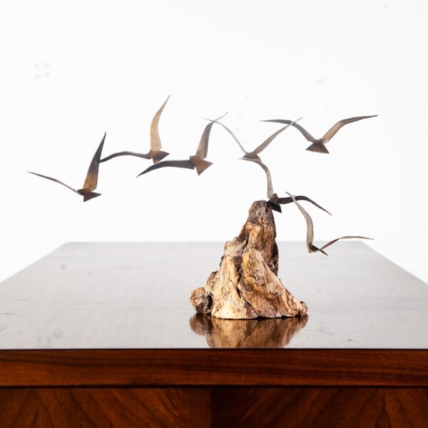 Mid Century Modern Bird Sculpture Brass Wood Artisan Vintage Gold Mantle C Jere