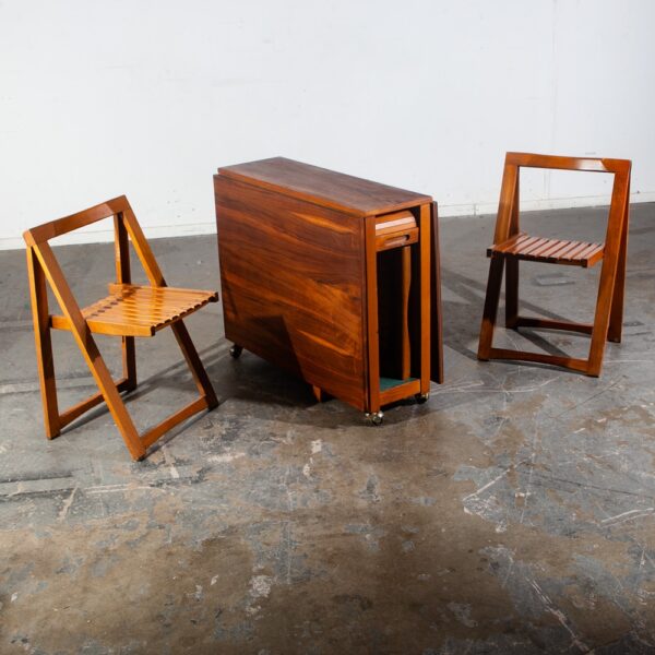 Mid Century Danish Modern Dining Table Drop Leaf Walnut Folding Chairs Vintage - Image 4