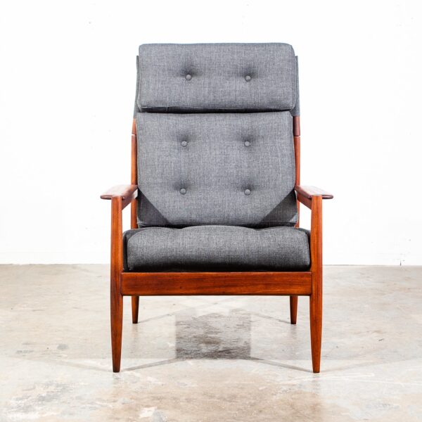 Mid Century Danish Modern Lounge Chair Scandanavian Teak Arm Grey High Back NM - Image 4