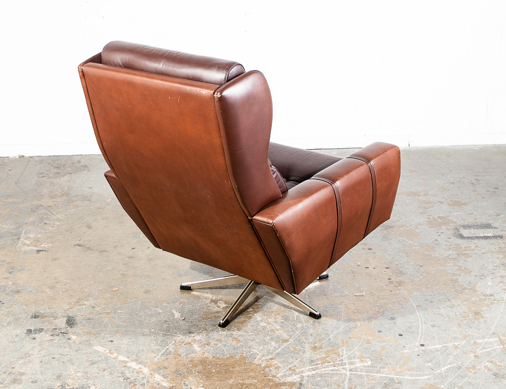 Mid Century Danish Modern Lounge Chair Swivel Brown Leather Svend Skipper Metal - Image 5