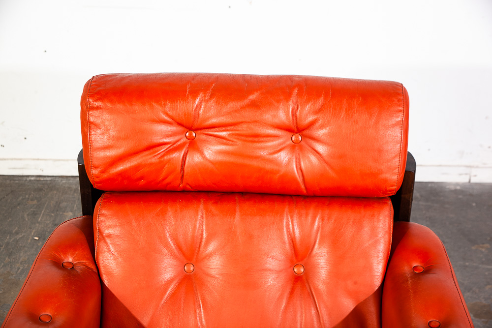 Mid Century Danish Modern Lounge Chair Orange Leather Scandanavian Arm Denmark - Image 7
